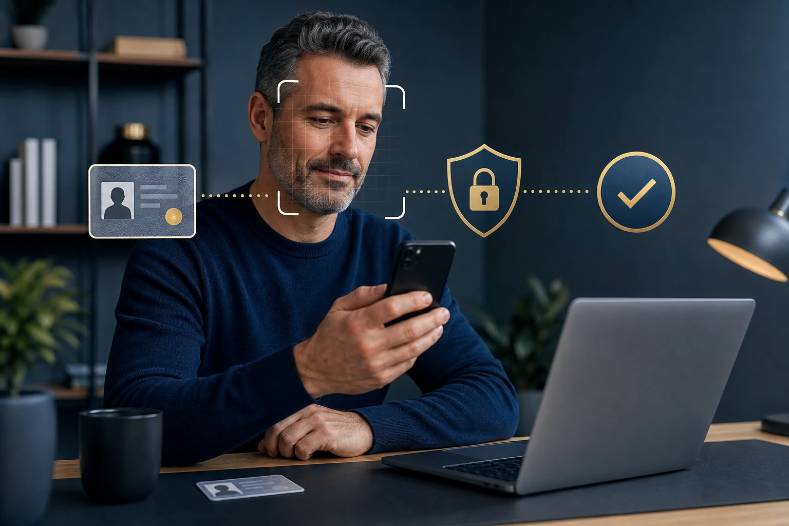 Adult completing secure identity verification for a sweepstakes casino account on a smartphone and laptop