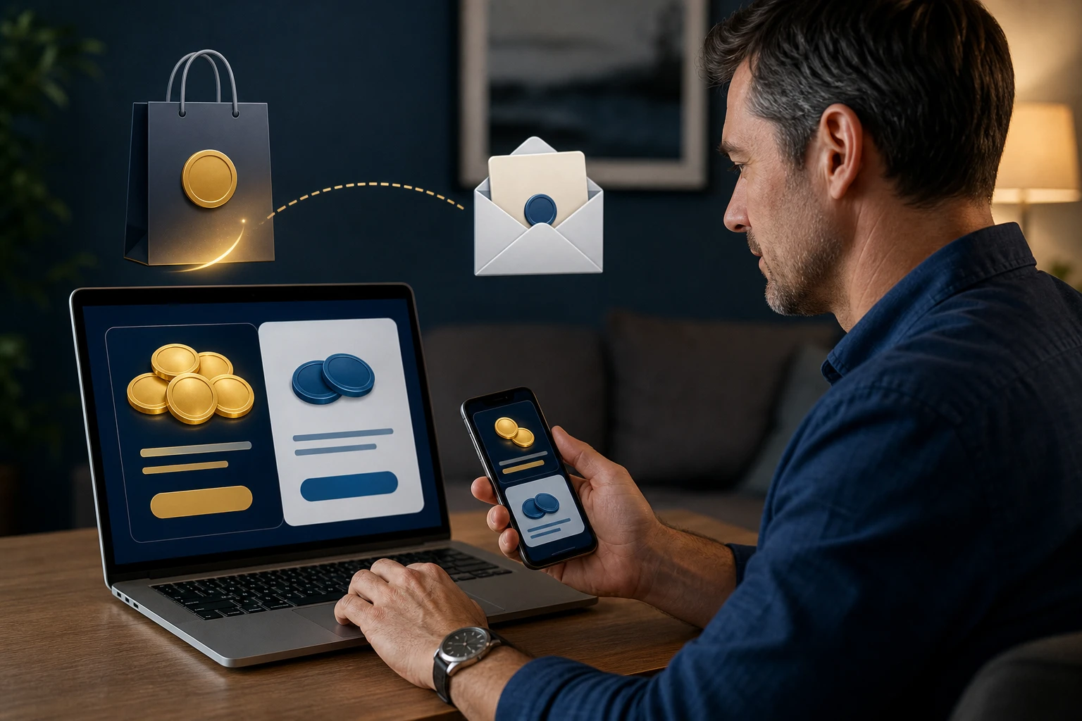 Adult comparing entertainment gold coins and promotional rewards in a sweepstakes casino package